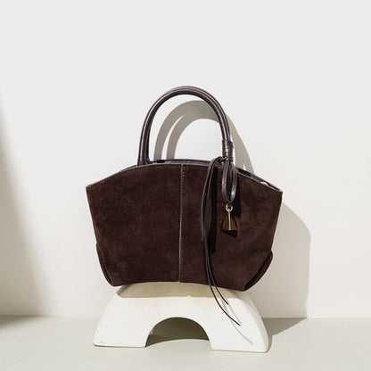 Graceful Slouchy Suede Genuine Leather Shell Tote Clutch Bag with Charm