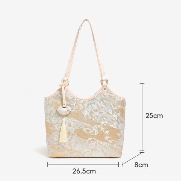 Ethereal Crane Pattern Vegan Eco-Leather Tote Clutch Bag with Tassel Charm
