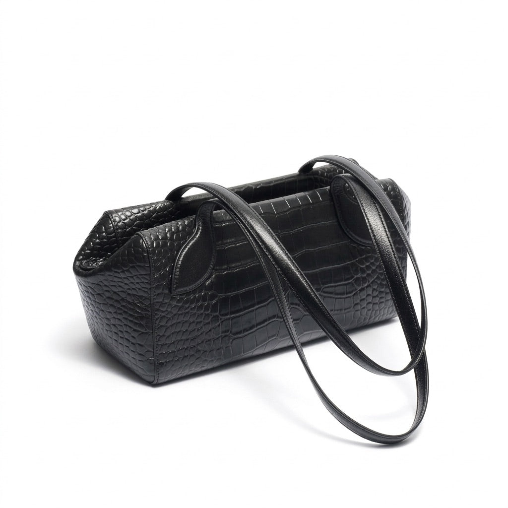 Sleek Luxe Croc Embossed Genuine Leather Bowling Clutch Bag