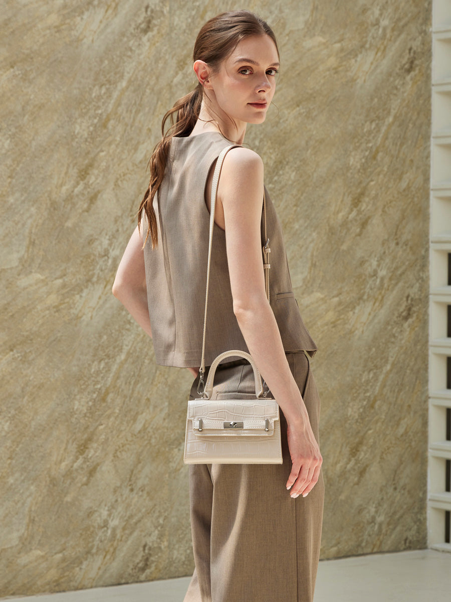Borsa a tracolla minimalista in vera pelle effetto coccodrillo con manico