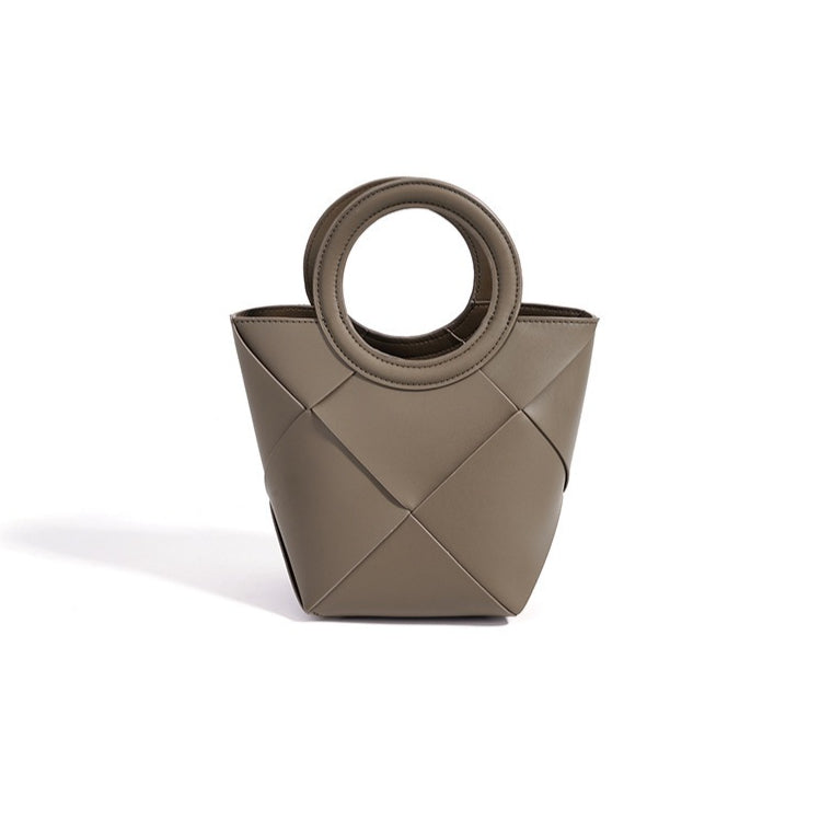 Refined Geometric Woven Genuine Leather Mini Bucket Clutch Bag