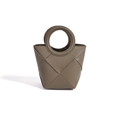 Refined Geometric Woven Genuine Leather Mini Bucket Clutch Bag