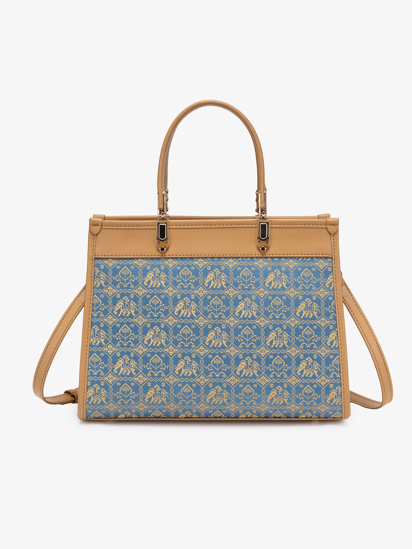 Ornate Geometric Golden Elephant Motif Vegan Eco-Leather Satchel Clutch Bag