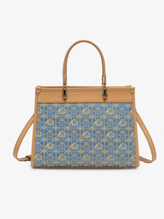Ornate Geometric Golden Elephant Motif Vegan Eco-Leather Satchel Clutch Bag