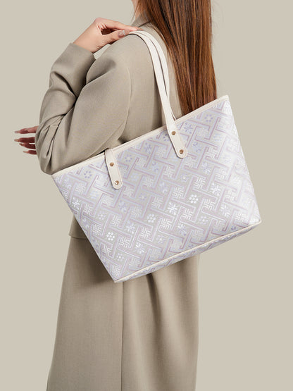 Graceful Oriental Motif Geometric Vegan Eco-Leather Tote Bag
