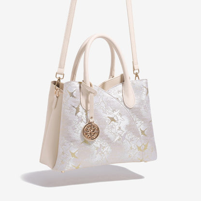 Elegant Flying Crane Motif Vegan Eco-Leather Tote Clutch Bag with Hollow Metal Charm