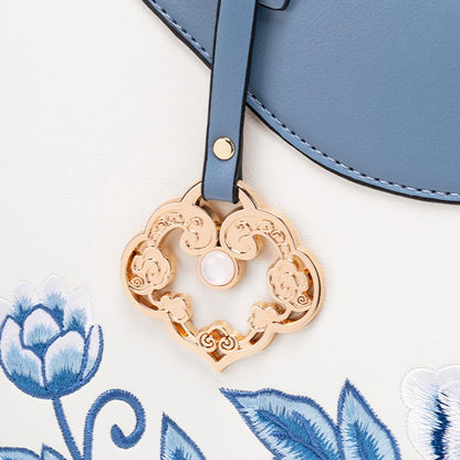 Elegant Peony Embroidered Vegan Eco-Leather Clutch Bag with Charm