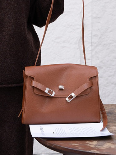 Vintage Lock-Accent Satchel Crossbody Genuine Leather Bag