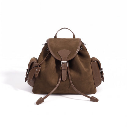 Mochila vintage de cuero genuino de ante con solapa y cordón