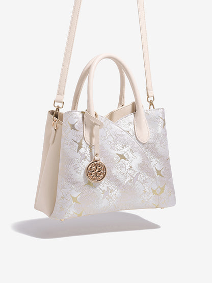 Elegant Flying Crane Motif Vegan Eco-Leather Tote Clutch Bag with Hollow Metal Charm