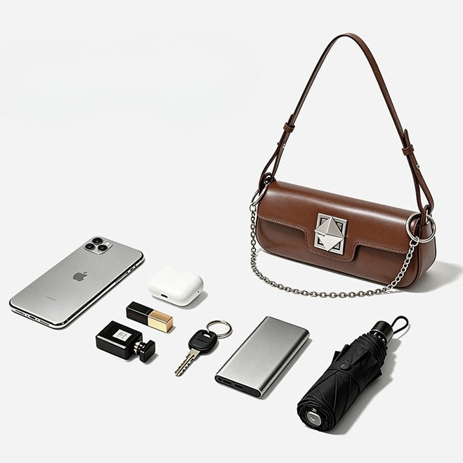 Minimalist Smooth Genuine Leather Silver Buckle Baguette Bag