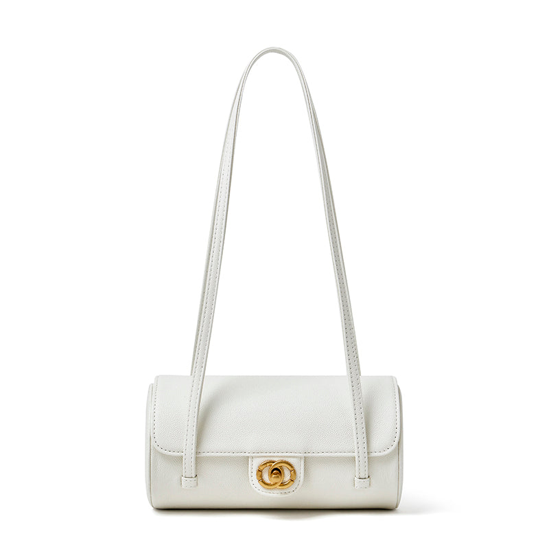 Bolso de mano tipo clutch nostálgico de cuero genuino color caviar, con forma de baguette tubular