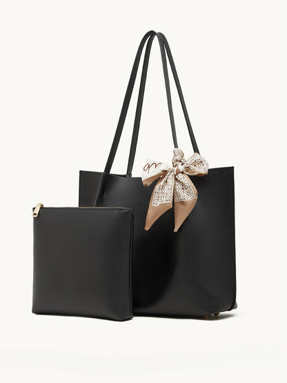 Parisian Chic Genuine Leather Bag - Minimalist Large Tote with Silk Scarf Accent