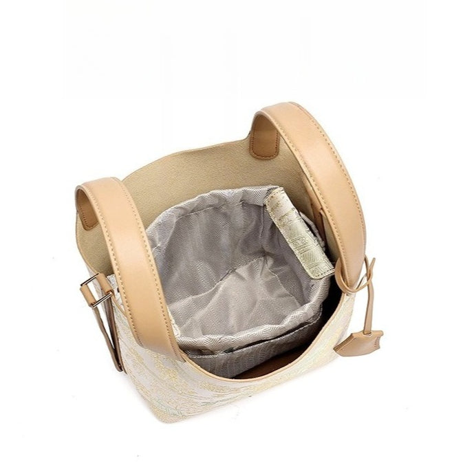Serene Oriental Garden Genuine Leather Bucket Clutch Bag with Charm