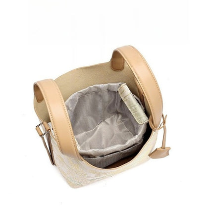 Serene Oriental Garden Genuine Leather Bucket Clutch Bag with Charm