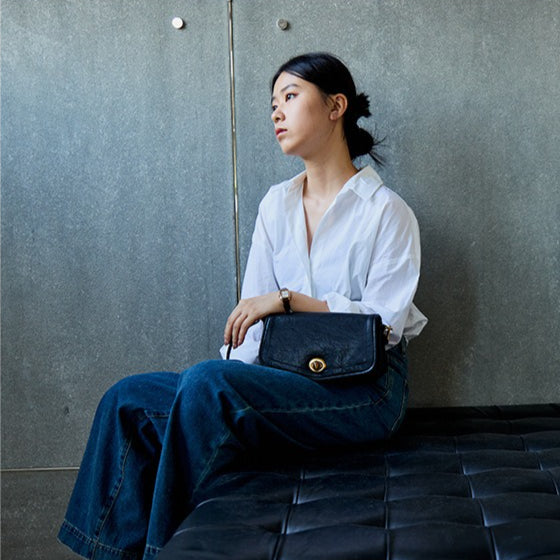 The Washed Genuine Leather Turn-Lock Flap Shoulder Crossbody Bag