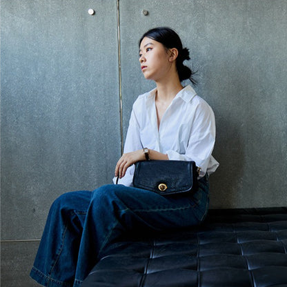 The Washed Genuine Leather Turn-Lock Flap Shoulder Crossbody Bag