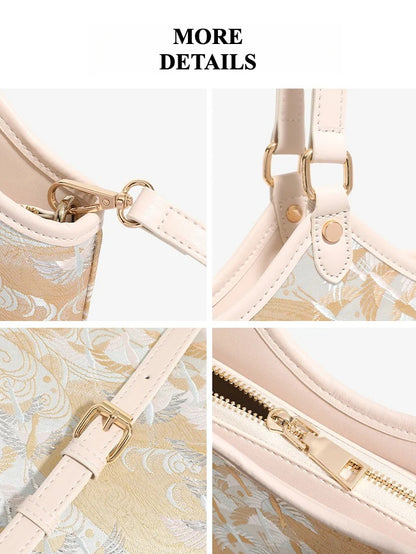 Ethereal Crane Pattern Vegan Eco-Leather Tote Clutch Bag with Tassel Charm