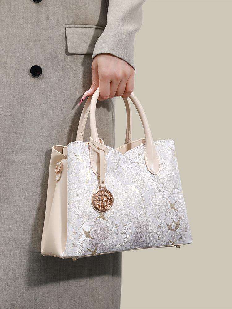 Elegant Flying Crane Motif Vegan Eco-Leather Tote Clutch Bag with Hollow Metal Charm