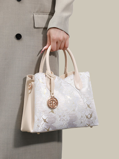 Elegant Flying Crane Motif Vegan Eco-Leather Tote Clutch Bag with Hollow Metal Charm