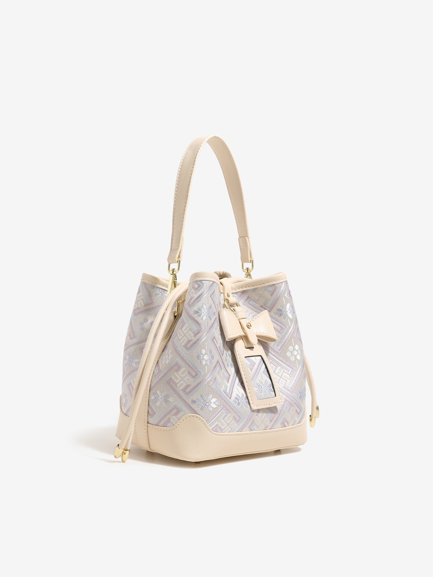 Delicate Geometric Vegan Eco-Leather Petite Bucket Clutch Bag with Bow Knot Charm
