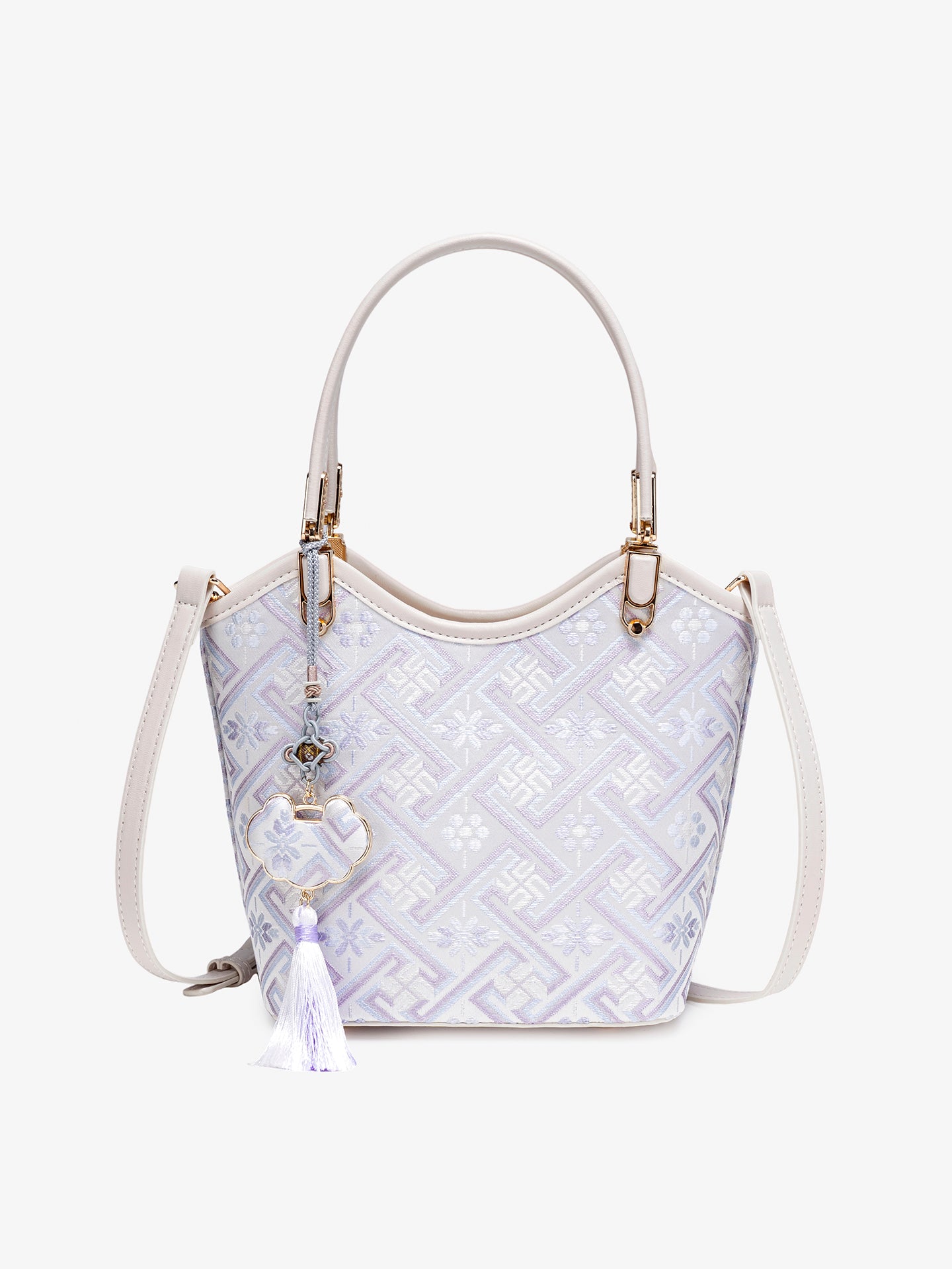 Opulent Brocade Vegan Eco-Leather Bucket Clutch Bag with Tassel Charm