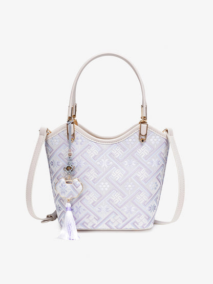 Opulent Brocade Vegan Eco-Leather Bucket Clutch Bag with Tassel Charm