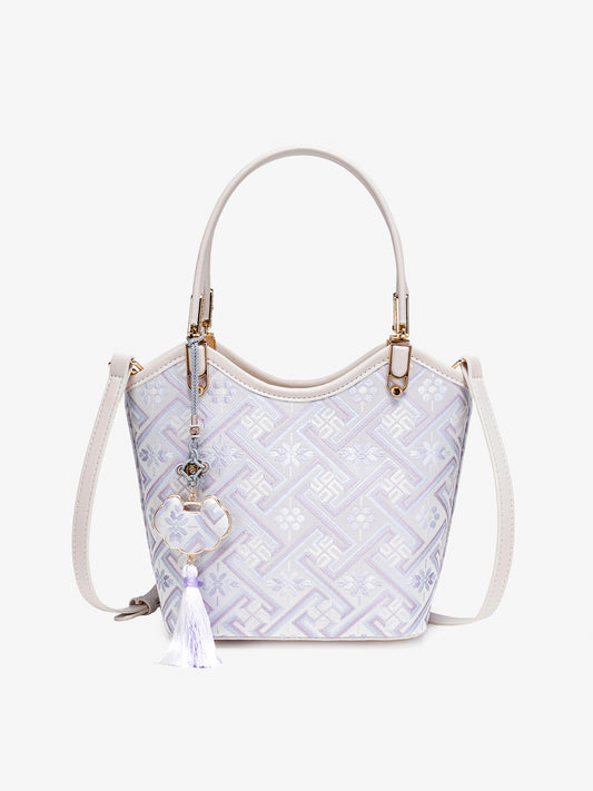 Opulent Brocade Vegan Eco-Leather Bucket Clutch Bag with Tassel Charm