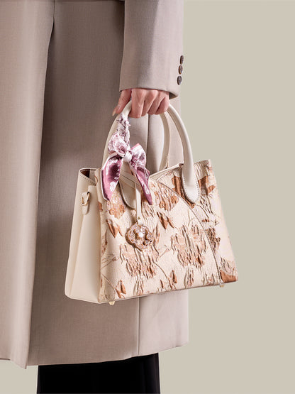 Muted Luxe Floral Jacquard Vegan Eco-Leather Clutch Bag with Silk Scarf Charm