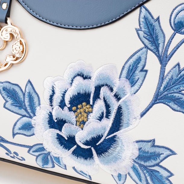 Elegant Peony Embroidered Vegan Eco-Leather Clutch Bag with Charm