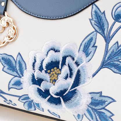 Elegant Peony Embroidered Vegan Eco-Leather Clutch Bag with Charm