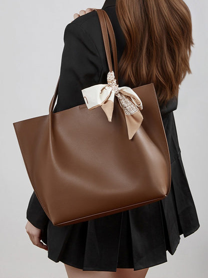 Parisian Chic Genuine Leather Bag - Minimalist Large Tote with Silk Scarf Accent