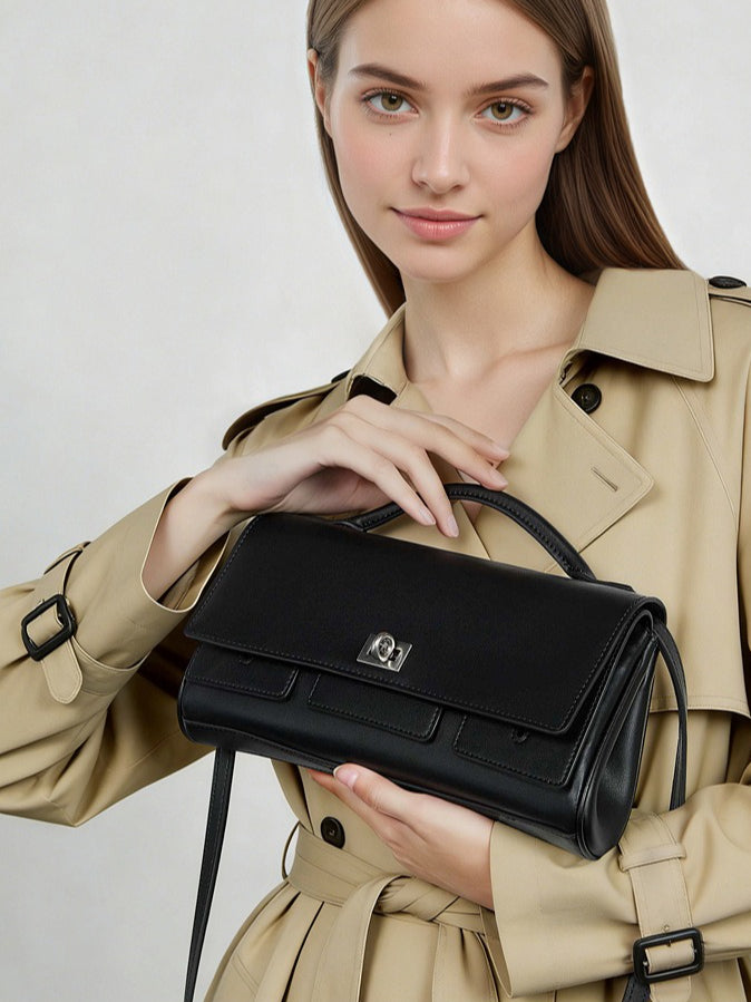 The Linear Turn-Lock Genuine Leather Bag | Minimalist East-West Handbag