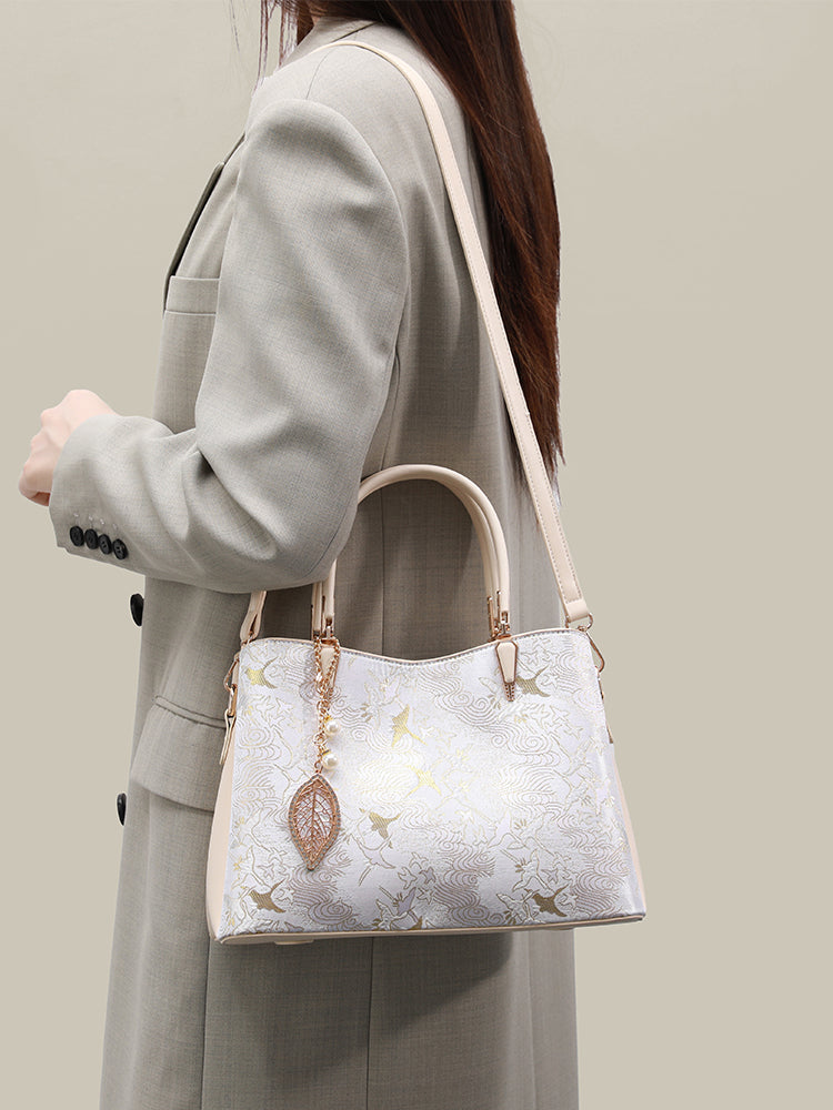 Sophisticated Oriental Jacquard Vegan Eco‑Leather Clutch Bag with Leaf Charm