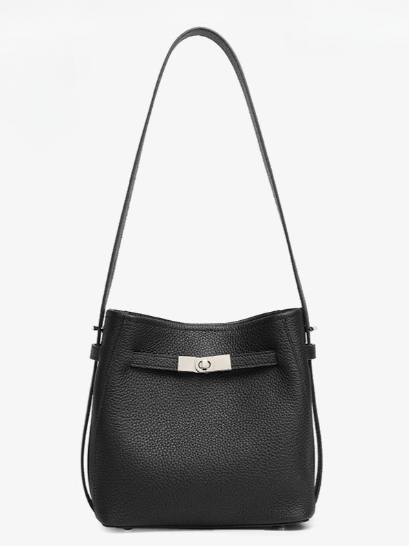 Timeless Genuine Leather Bucket Bag with Polished Double-D Luxury Hardware