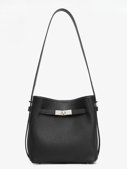 Timeless Genuine Leather Bucket Bag with Polished Double-D Luxury Hardware