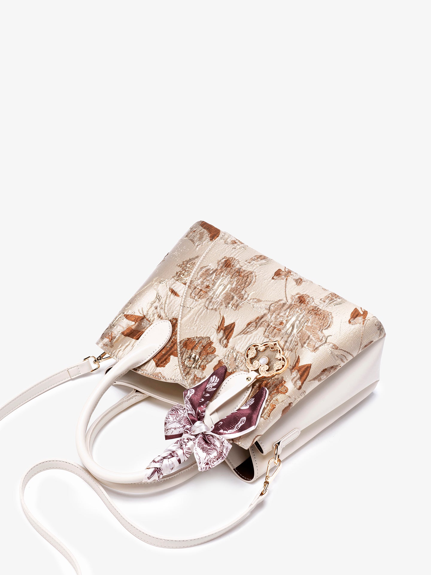 Muted Luxe Floral Jacquard Vegan Eco-Leather Clutch Bag with Silk Scarf Charm