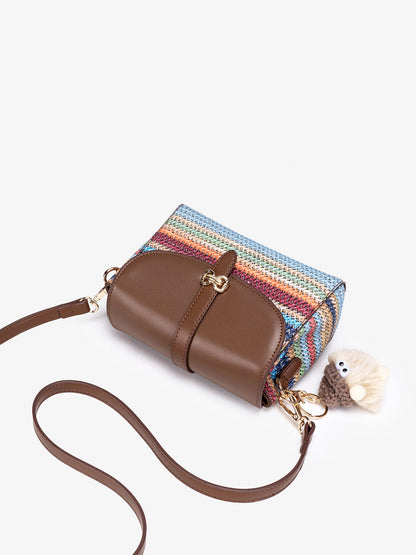 Radiant Rainbow Striped Woven Vegan Eco-Leather Flap Clutch Bag with Lovely Charm