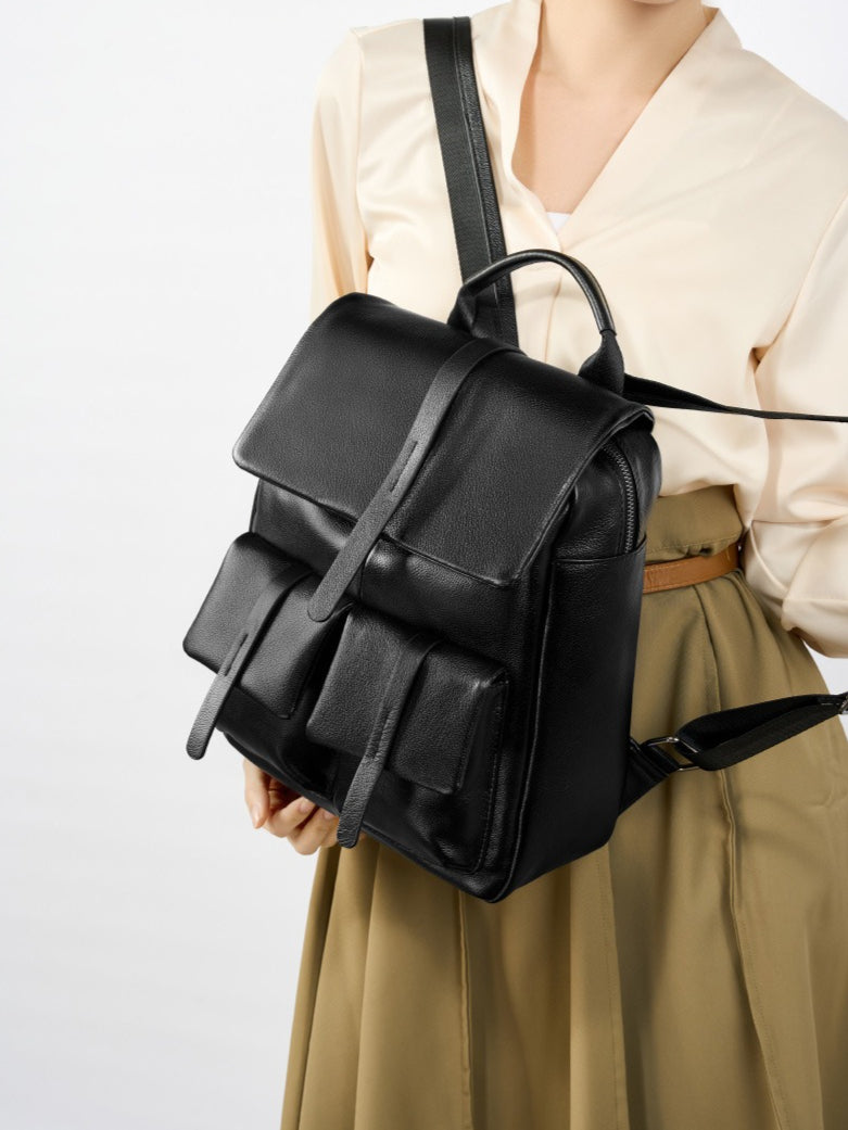 Minimalist Large Capacity Pebbled Genuine Leather Flap Backpack