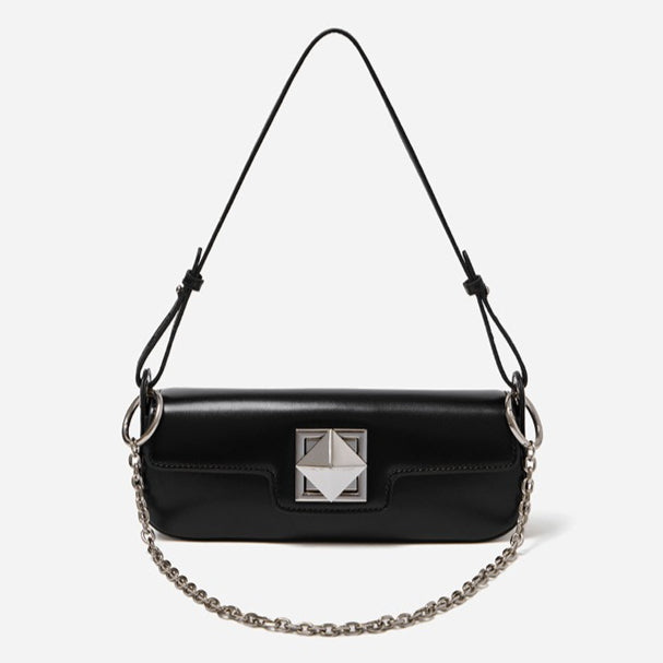 Minimalist Smooth Genuine Leather Silver Buckle Baguette Bag