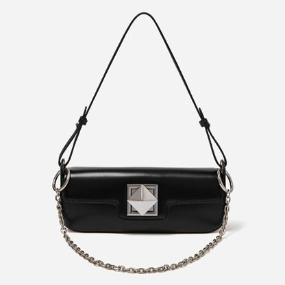 Minimalist Smooth Genuine Leather Silver Buckle Baguette Bag