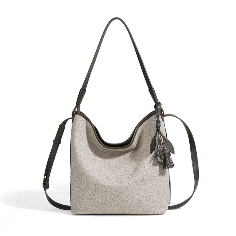 Slouchy Canvas Bucket Clutch Bag with Tassel Charm