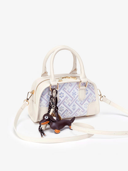 Soft Vegan Eco-leather Boston Clutch Bag with Cute Dachshund Charm
