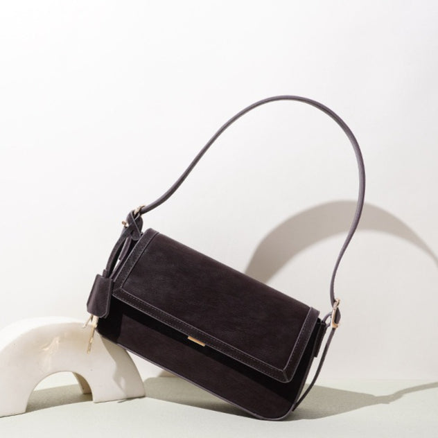 Refined Genuine Leather Shoulder Clutch Bag with Key Charm