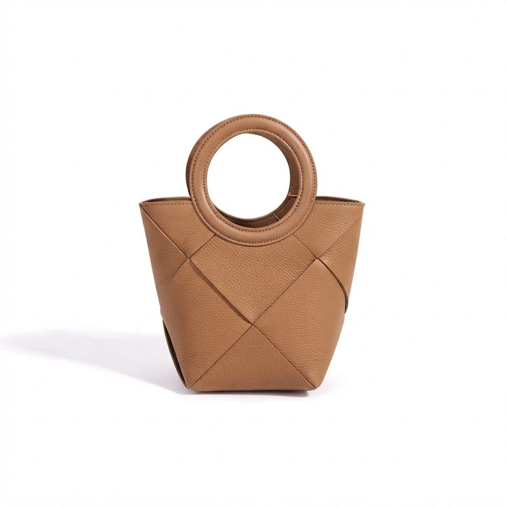 Refined Geometric Woven Genuine Leather Mini Bucket Clutch Bag
