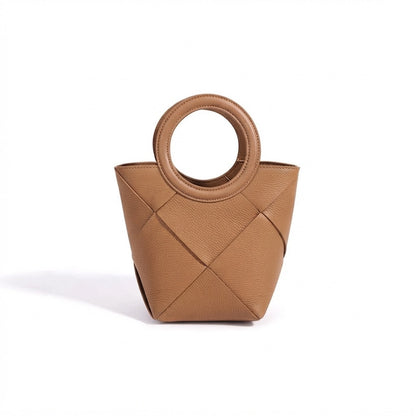 Refined Geometric Woven Genuine Leather Mini Bucket Clutch Bag