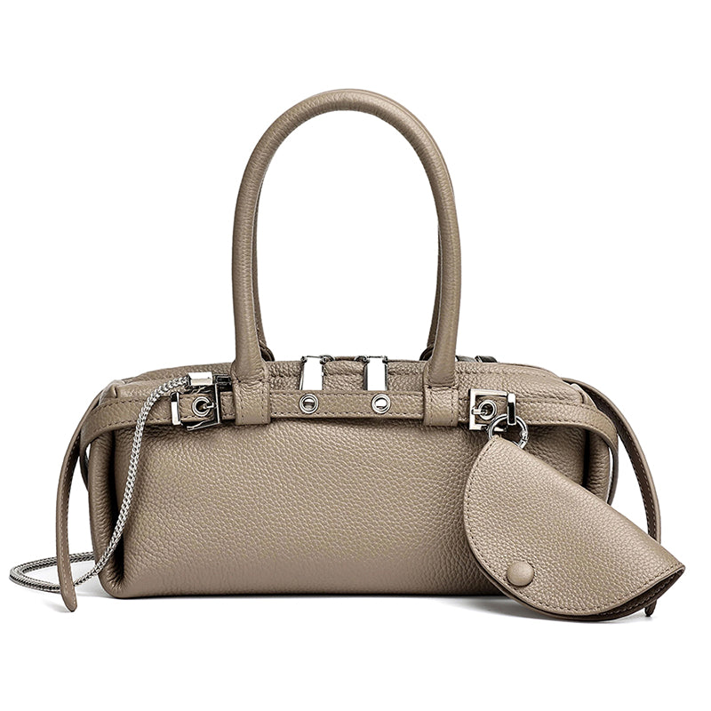 Refined Genuine Leather Petite Boston Clutch Bag with Mini Pouch