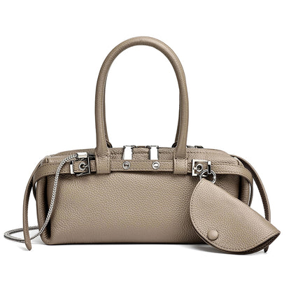 Refined Genuine Leather Petite Boston Clutch Bag with Mini Pouch