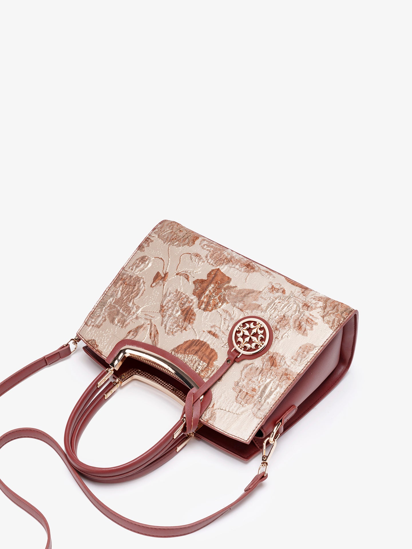 Romantic Floral Vegan Eco-Leather Tote Clutch Bag with Hollow Metal Charm