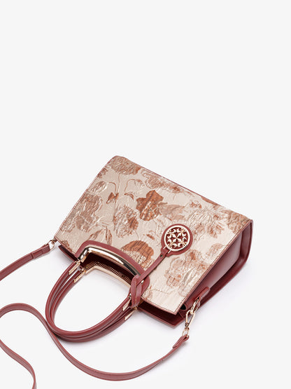 Romantic Floral Vegan Eco-Leather Tote Clutch Bag with Hollow Metal Charm